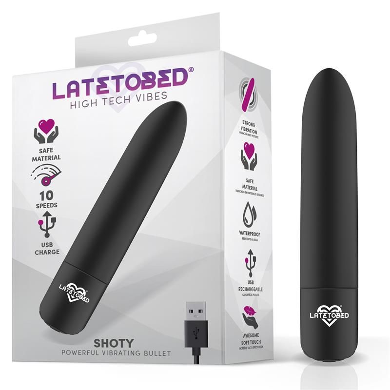 LATETOBED SHOTY BALA VIBRADORA USB 10 VELOCIDADES POTENTE MOTOR NEGRO caja vibrador con caja